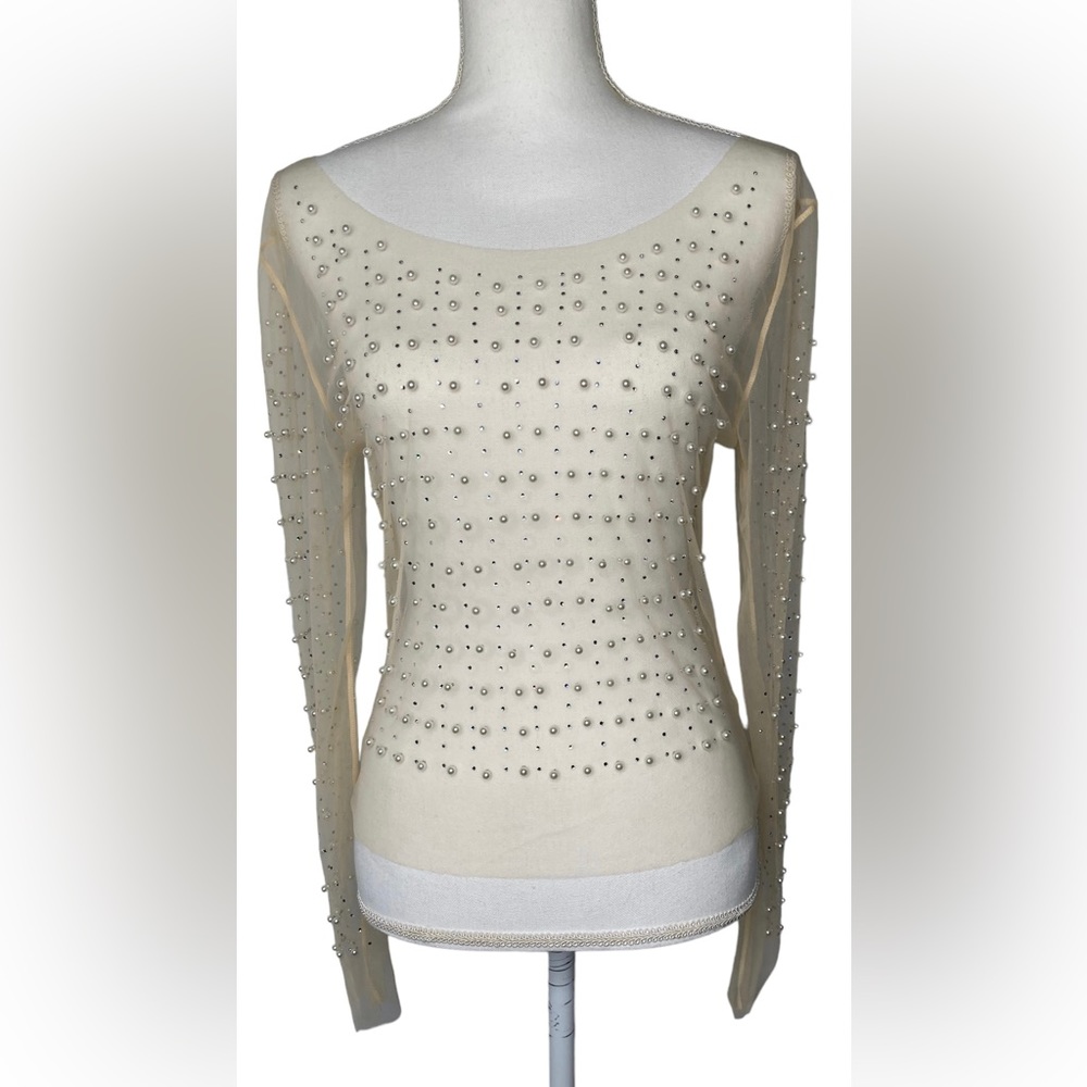 FASHION CLASSIC COLLECTION Nude Sheer Mesh See Through Pearl Diamond Crop Top, L - Picture 15 of 16